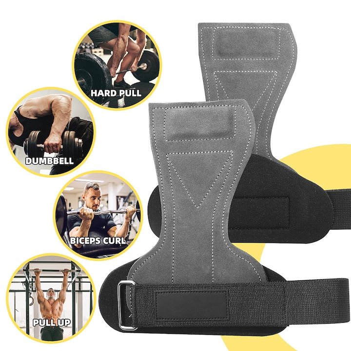 Set 2 chingi pentru ridicare de greutati, Axroad Mall, Cu tampoane antiderapante pentru palme si velcro reglabil, Pentru deadlifts cu barbell, rowing cu haltere, high-low pulls, pull-ups, Marime universala, Gri