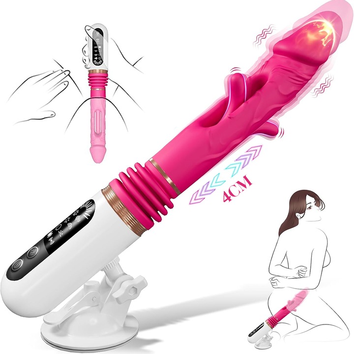 Вибратор Miaoling Sex Machine, Високочестотен, Телескопичен, Регулируем ъгъл, Вендуза, Реалистична текстура, Ергономичен дизайн, Лесен за почистване, Силикон/Метал, 37.5*15 см, Розов