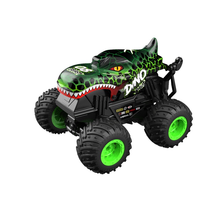 Távirányítós autó újratölthető akkumulátorral, 2,4 GHz-es All Terrain dinoszaurusz monster truck, terepjáró zenével, 3 fényeffektus, 360 fokos mutatványokra képes, zöld