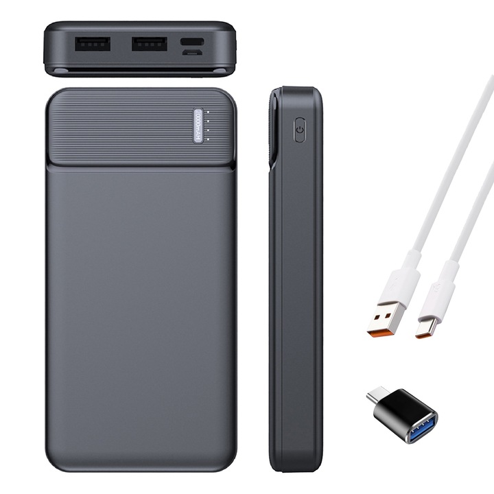 Външна батерия и адаптер USB 3.0 OTG -Type-C, Wieysdoo, 20000mAh, LED, двупосочно бързо зареждане Type C PD 18W, 2 USB порта 22.5W, Универсален, micro USB свързаност, Черен