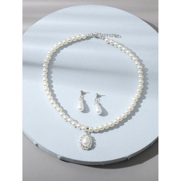 Set colier si cercei, argintiu, cu perle si pietre, Anita C26