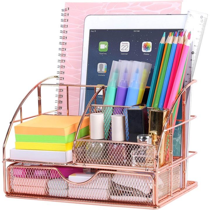 Organizator de birou elegant, AMRINUGL, design compact, culoare roz auriu, material metalic