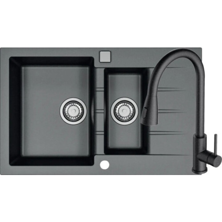 Pachet Chiuveta Bucatarie Granital Alveus Formic 20 Deep Black + Baterie Lola Si Sifon Auriu