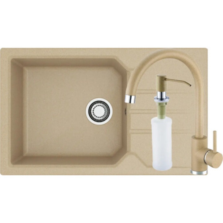 Pachet Chiuveta Bucatarie Granital Alveus Record 40 Beige + Baterie Kati + Dozator