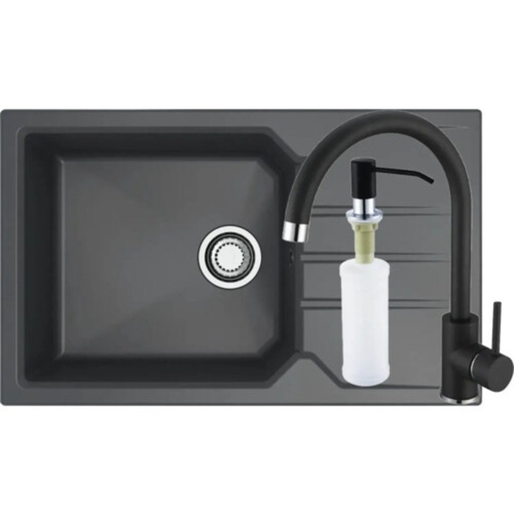 Pachet Chiuveta Bucatarie Granital Alveus Record 40 Carbon + Baterie Kati + Dozator