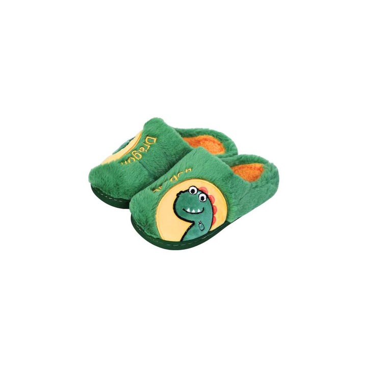 Papuci de casa pentru copii, HausFine, model dragon, cu talpa antiderapanta, caldurosi, perfecti pentru anotimpul rece, marimea 26, Verde