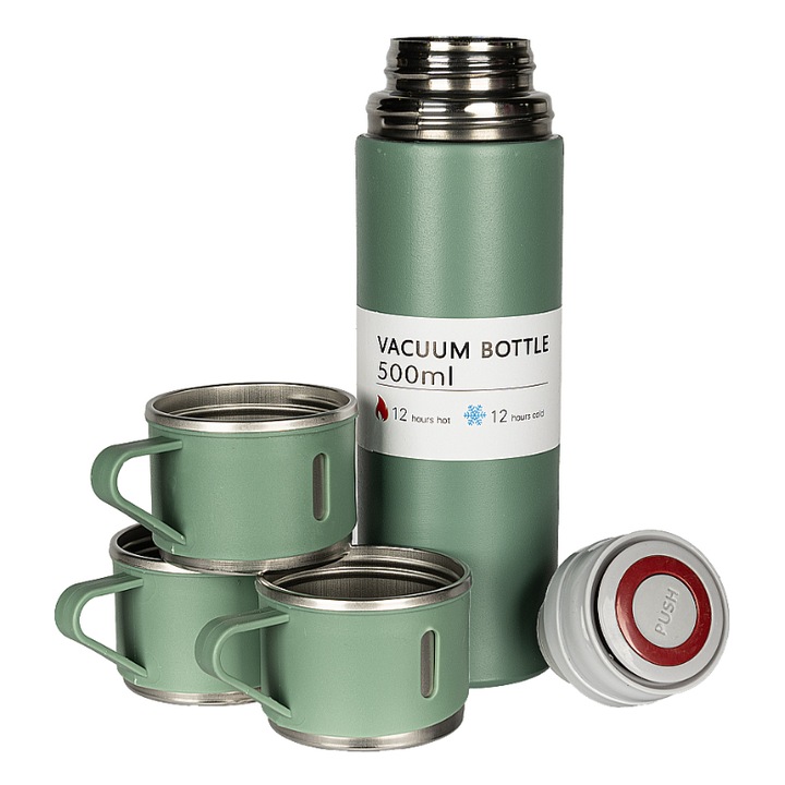Set termos din otel inoxidabil de 500 ml - Sticla termica izolata cu 3 cani - Termos etans de calatorie pentru bauturi calde si reci, durabilitate 12h, 500 ml + 3 cesti x 150ml, Verde