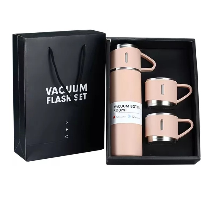 Set termos din otel inoxidabil de 500 ml - Sticla termica izolata cu 3 cani - Termos etans de calatorie pentru bauturi calde si reci, durabilitate 12h, 500 ml + 3 cesti x 150ml, ROZ