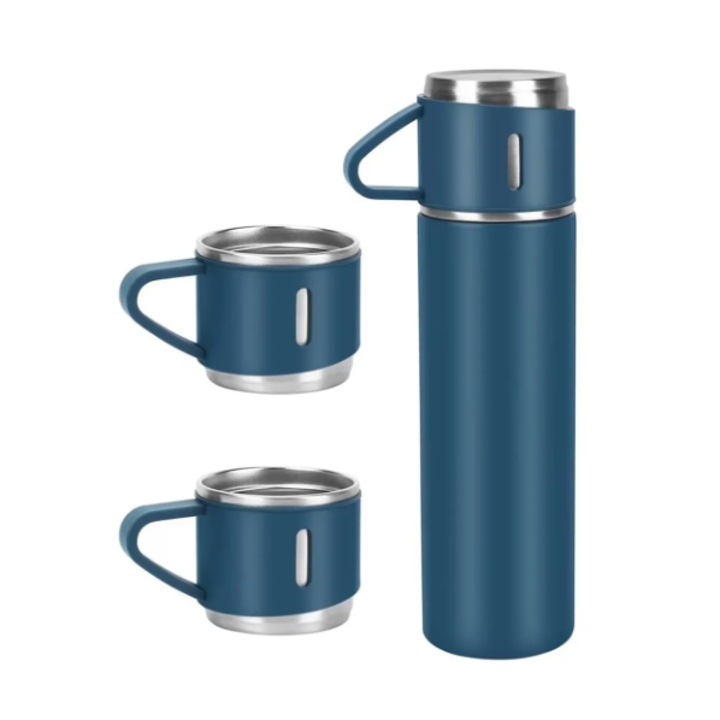 Set termos din otel inoxidabil de 500 ml - Sticla termica izolata cu 3 cani - Termos etans de calatorie pentru bauturi calde si reci, durabilitate 12h, 500 ml + 3 cesti x 150ml ALBASTRU
