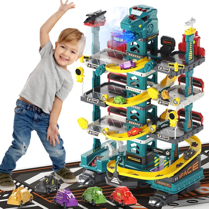 Set de Joaca Pista si Parcare Electrica cu 92 de Piese DinoTrack, 5 Masini Incluse, Banda Rulanta Motorizata, Tunel Dinozaur, Efecte cu Abur, Comutator, Elemente Spatiale, Lift, Verde