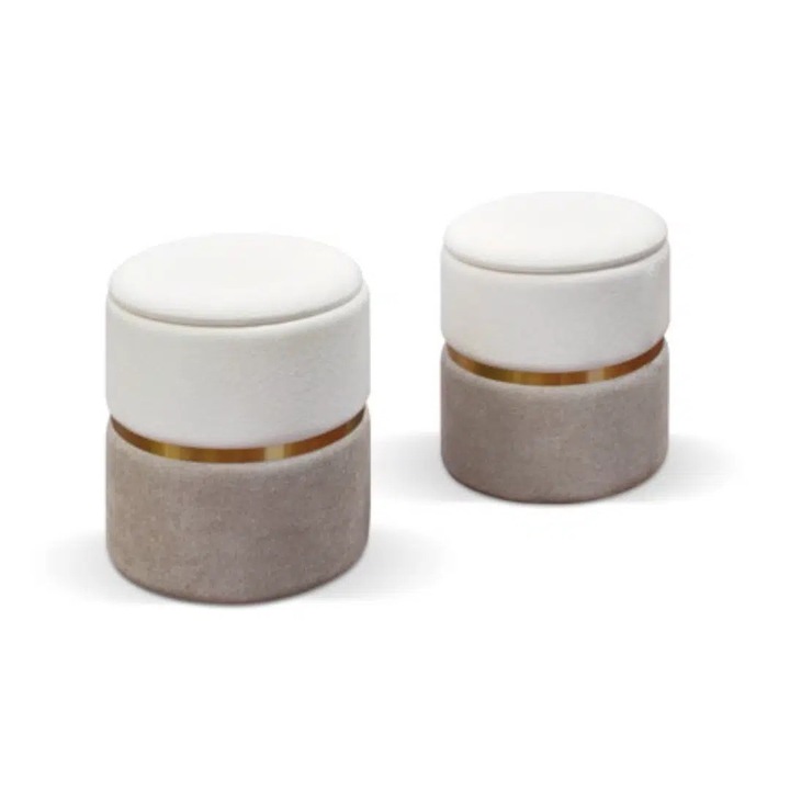 Set 2 tabureti Gold, spatiu de depozitare, structura mdf, tesatura alb si bej si ornament auriu