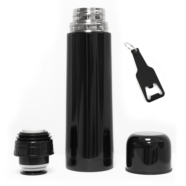 Termos din otel inoxidabil, cu desfacator sticle tip breloc, 500 ml, Negru lucios