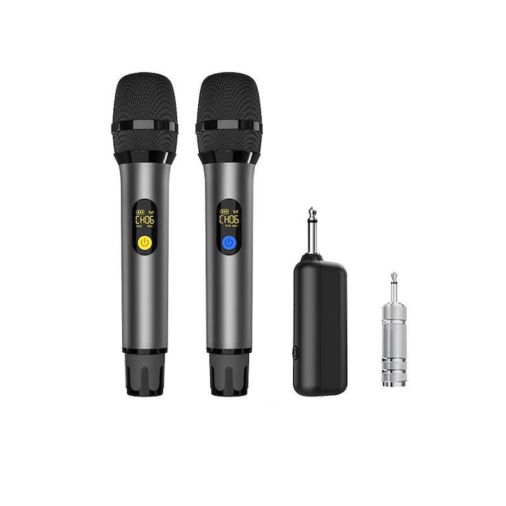 Комплект от 2 безжични микрофона JESWO, 1200mAh, 12 работни канала, LED дисплей, черен
