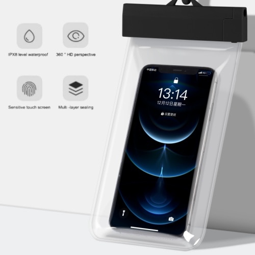 Husa telefon impermeabila, suporta recunoastere faciala, ecran tactil sensibil, negru, pana la 7.2 inch