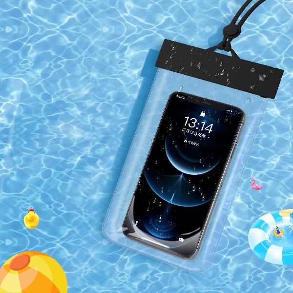 Husa telefon impermeabila, suporta recunoastere faciala, ecran tactil sensibil, negru, pana la 7.2 inch