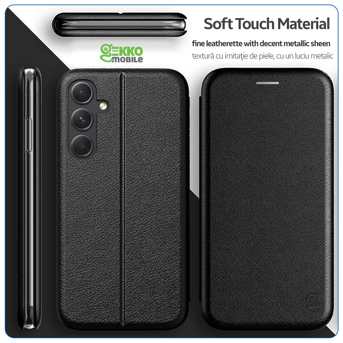 Husa carte pentru Samsung Galaxy A54, Flip Book cu Magnet intern, buzunar Card, Functie Stand, textura din Piele-Eco cu interior Microfibra si Silicon, 360° Elegance, Neagra