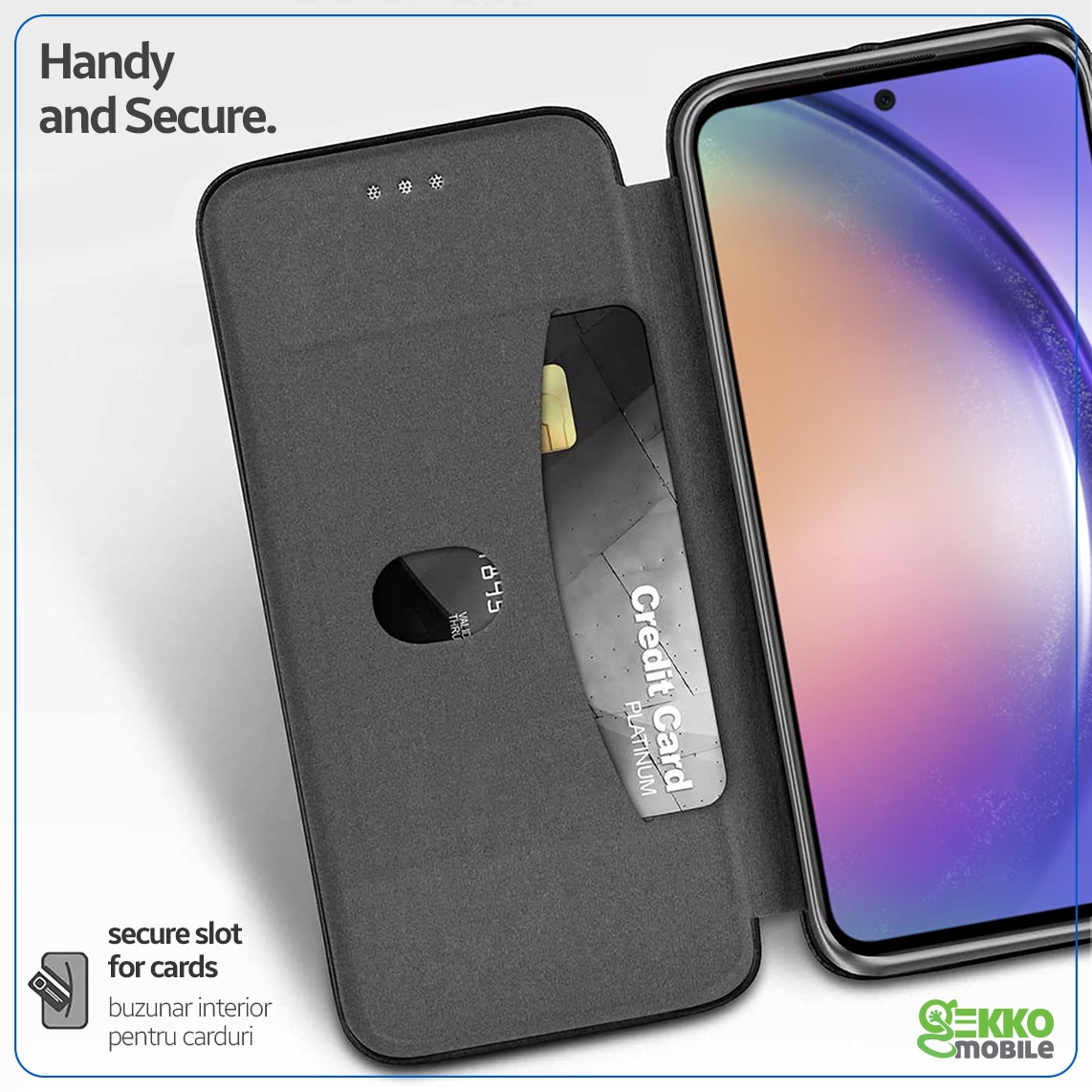 Husa carte pentru Samsung Galaxy A54, Flip Book cu Magnet intern, buzunar Card, Functie Stand, textura din Piele-Eco cu interior Microfibra si Silicon, 360° Elegance, Neagra