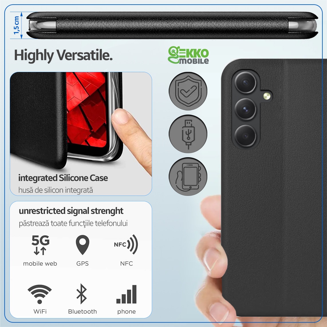 Husa carte pentru Samsung Galaxy A54, Flip Book cu Magnet intern, buzunar Card, Functie Stand, textura din Piele-Eco cu interior Microfibra si Silicon, 360° Elegance, Neagra