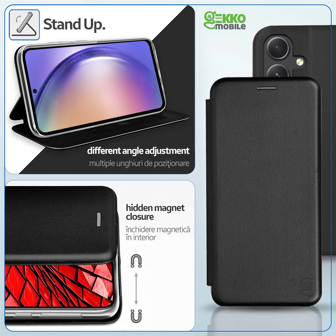 Husa carte pentru Samsung Galaxy A54, Flip Book cu Magnet intern, buzunar Card, Functie Stand, textura din Piele-Eco cu interior Microfibra si Silicon, 360° Elegance, Neagra