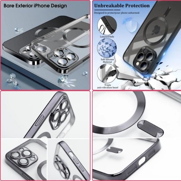 Husa si Folie Protectie pentru iPhone 16 Pro Max, TPU, Protectie si pentru Camera, MagSafe, Anti-Alunecare, Anti-Galbenire, Transparenta cu Margine Neagra