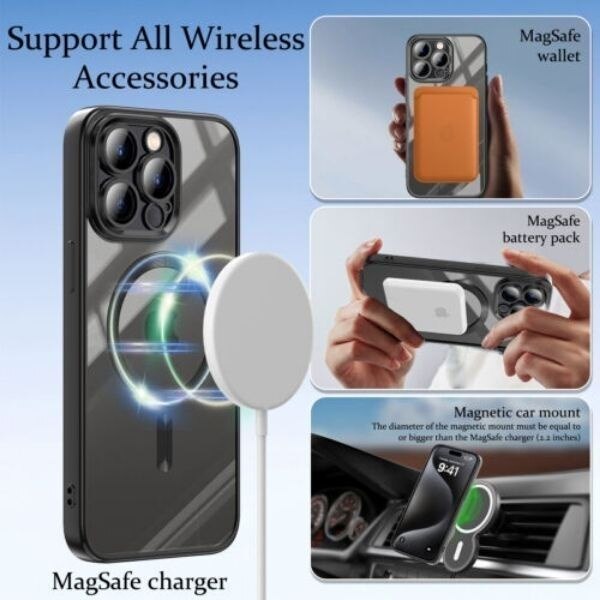 Husa si Folie Protectie pentru iPhone 16 Pro Max, TPU, Protectie si pentru Camera, MagSafe, Anti-Alunecare, Anti-Galbenire, Transparenta cu Margine Neagra