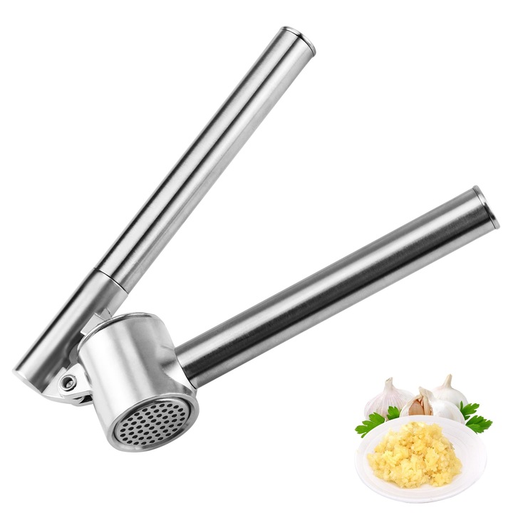 Presa de usturoi, Bztzhm, inox, 18cm, cu recipient detasabil, maner ergonomic