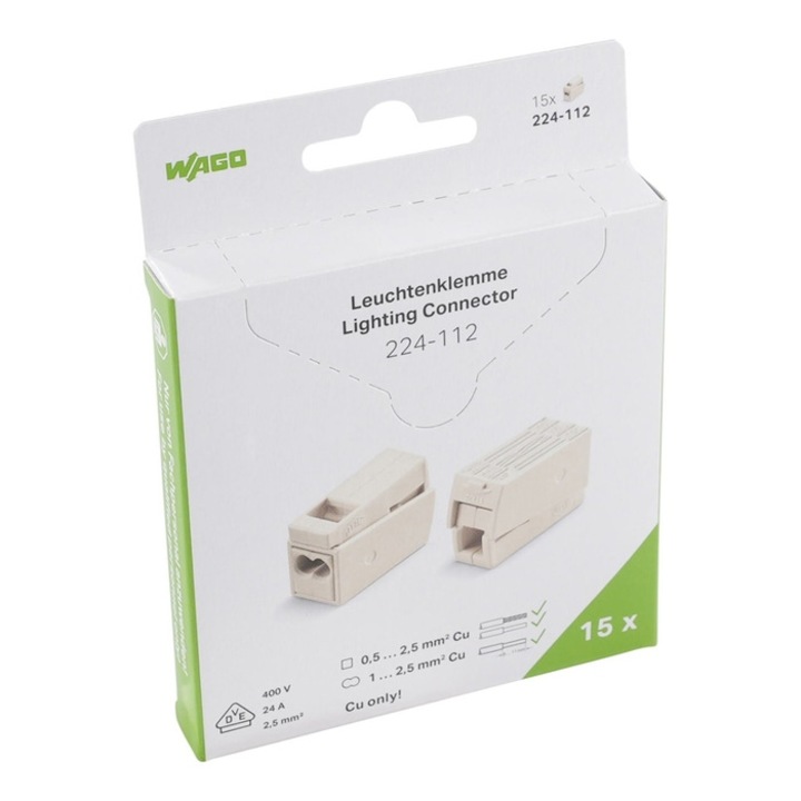 Conector iluminat Wago 224-112, 2 fire, 0.5-2.5 mmp, set 15 bucati