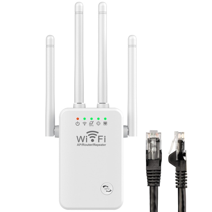 Усилвател на безжичен сигнал, Hggzeg, 4 антени, Wi-Fi Range Extender 300Mbps, 3 функции на повторител, AP и режим на рутер, WEP, WPA и WPA2 връзка, 802.11 N/B/G, мрежов кабел включен, бял