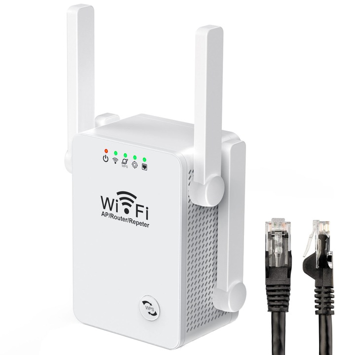 Усилвател на безжичен сигнал, Hggzeg, Wi-Fi Range Extender 300Mbps, 3 функции на повторител, AP и режим на рутер, 4 антени, поддържа WPA2, WPA и WEP9, 802.11 N, мрежов кабел включен, бял