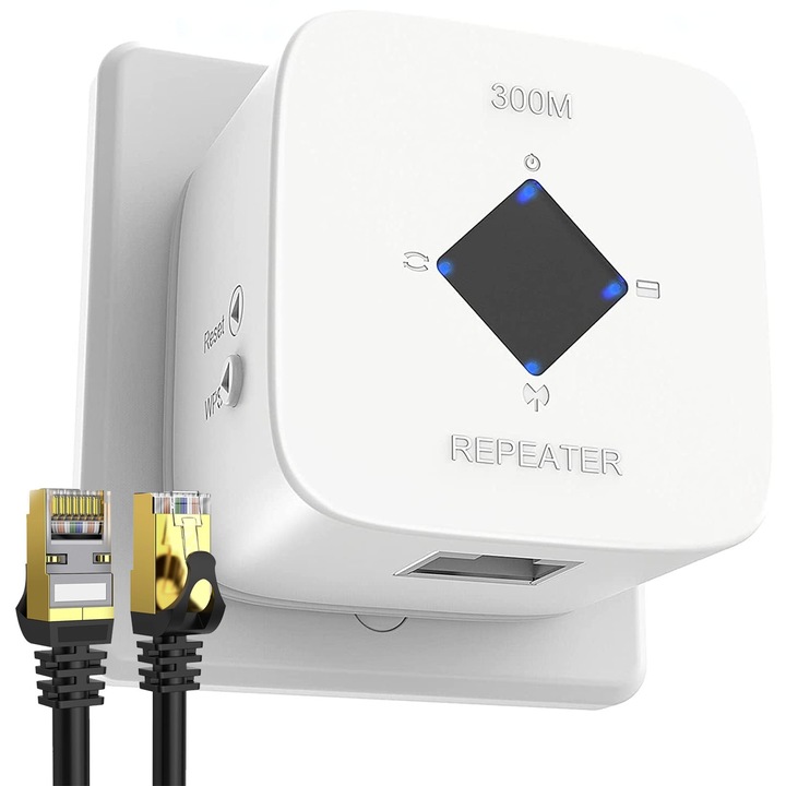 MINI усилвател на безжичен сигнал, Hggzeg, Wi-Fi Range Extender 300Mbps, 2 функции на повторител, AP режим, 802.11 N, WLAN 2.4GHz, WPA/WPA2 връзка, 1m мрежов кабел включен, Лесен за конфигуриране, Бял