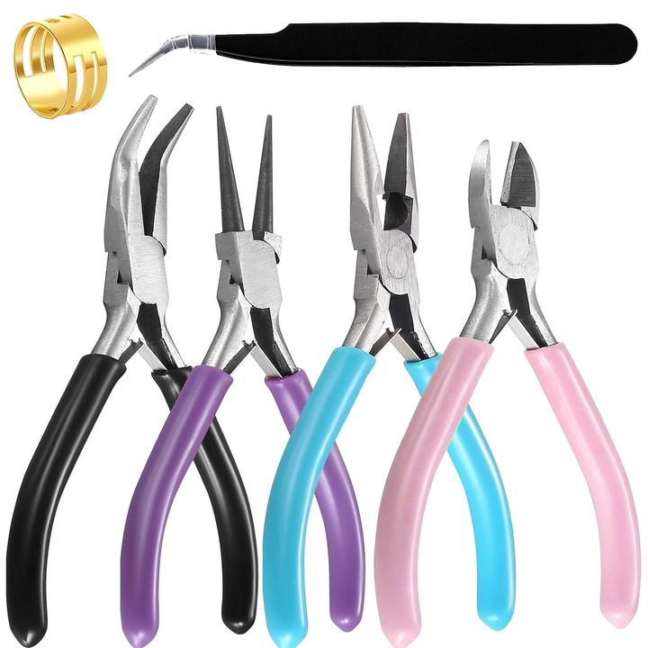 Set 4 Clesti pentru bijuterii, Hggzeg, Design ergonomic, antiderapant, Include doua accesorii, Potrivit pentru fabricarea si repararea bijuteriilormargele, mestesuguri DIY, Otel carbon/cauciuc, Multicolor