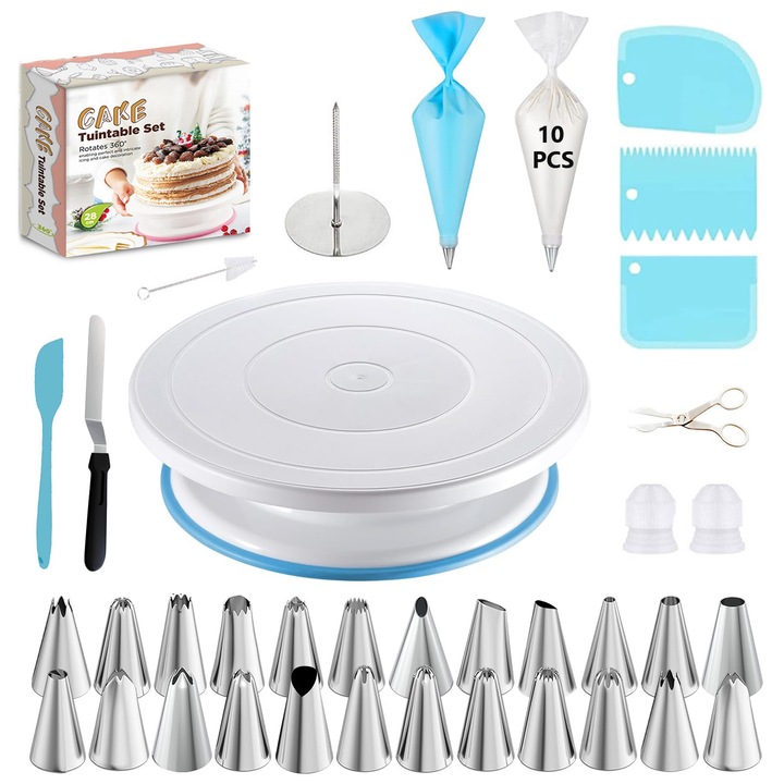 Set Accesorii Ornare Prajituri, Axroad Mall, 46 piese, Platou Rotativ, Duze, Usor de utilizat, Pentru Cofetarie/patiserie decorare, Inox/Plastic/Silicon, Multicolor