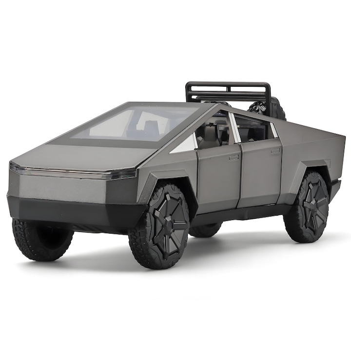 Masina metalica tip Tesla Cybertruck, 3 sunete realistice, Farurile si stopurile lumineaza, Usile, capota si portbagajul se deschid, baterii incluse, 18.5cm, AjieQaQ, Gri