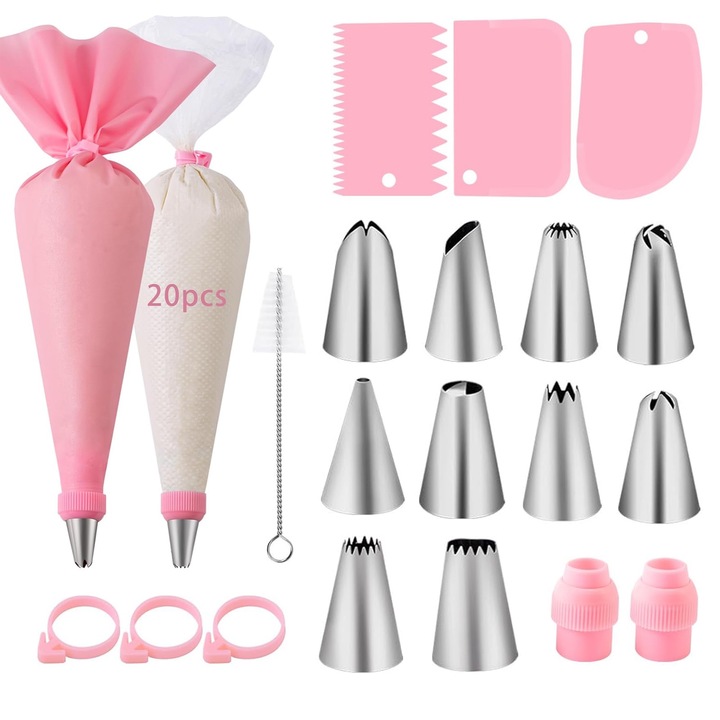 Set 40 accesorii pentru cofetarie/patiserie decorare, Axroad Mall, Materiale sigure de calitate alimentara, Refolosibile, Usor de utilizat si de curatat, Roz