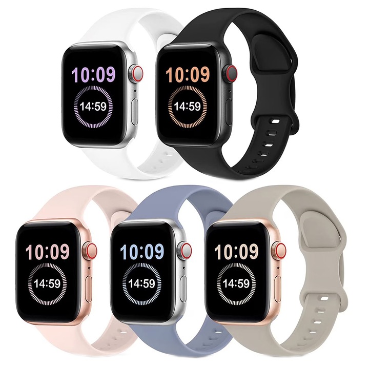 Set 5 Curea sport din silicon, Axroad Mall, Impermeabil si rezistent la murdarie, Moale si respirabil, Pentru bratara Apple Watch Series 2/3/4/5/6/7/8/SE, Display 38mm/40mm/41mm, Marime S/M, Silicone, Multicolor