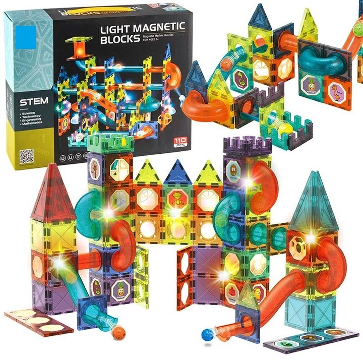Indiggo Magic Light Magnets építőkészlet, 75 darabot tartalmaz, sötétben világít, erős mágnesek, golyópálya, sok építési lehetőség, STEM, fejlesztő és kreatív, 3 év felett, fekete/narancs