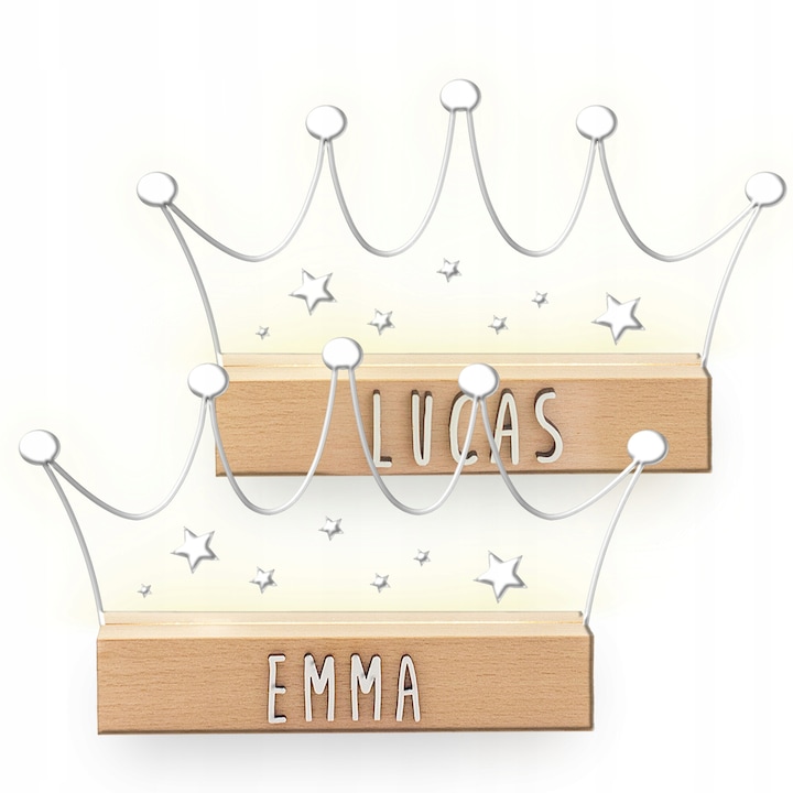 Veioza LED de noapte pentru copii, Vintiun, Coroana, LS11, Lampa spaniola, lemn de padure, cu autocolante pentru personalizare, baterii/USB