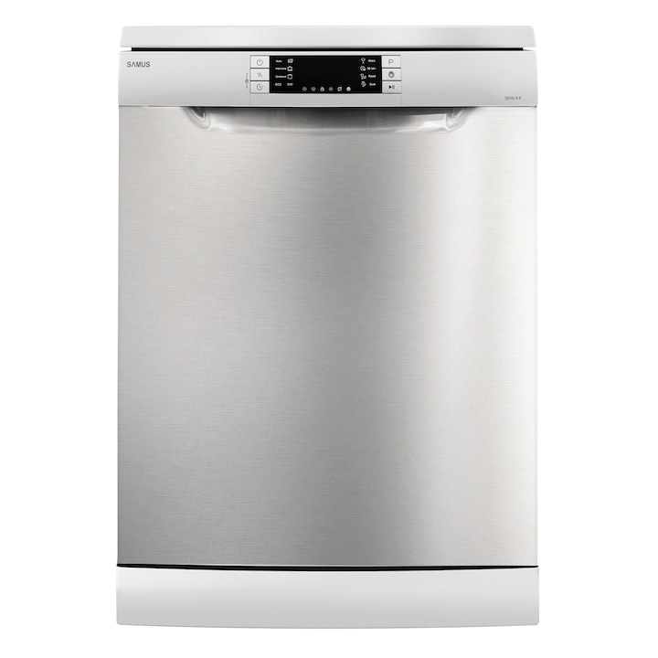 Съдомиялна машина Samus SDX614.8, 14 комплекта, Ширина 60 см, 8 програми, Енергиен клас E, Електронен дисплей, Отложен старт, Чекмедже за прибори, Инокс/Сребрист