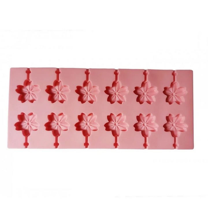 Forma din silicon cu 12 cavitati, Flori, Acadele, Lollipops, Roz, 10 x 26 cm, TopBazar