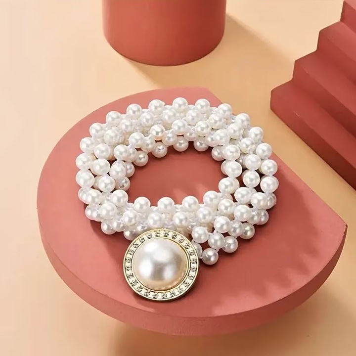 Дамски колан за кръста, елегантен, еластичен, регулируема перлена кръгла катарама с кристали, 70-95 см бял, един размер