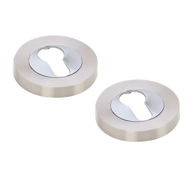 Rozeta rotunda pentru usa lemn, ESC01 Gato PZ(Y) RR55SN/CP, zamac, satin nichel + crom polisat, 55 mm