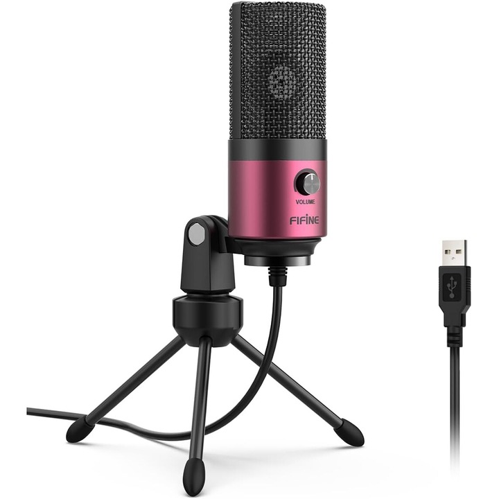 Микрофон FIFINE K669R, кондензаторен, кардиоиден, USB, контрол на звука, компютър, PS4, подкаст, стрийминг, студийни записи, червен