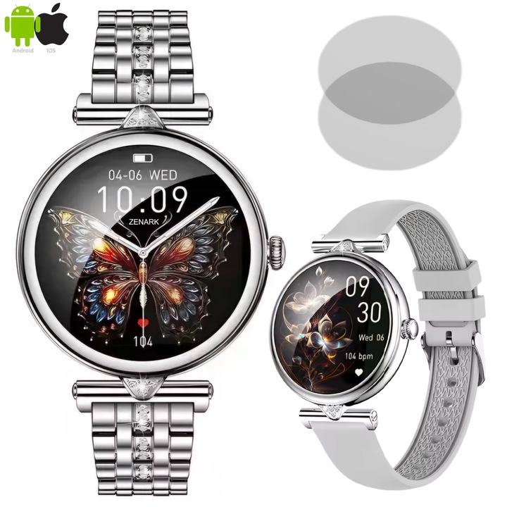 Дамски SmartWatch ZENARK® WatchFit Z7 PRO, включени 2 гривни, включени 2 протектора за екран, AMOLED 1.28 инча, 466x466 Ultra HD 4K, Известия/Обаждания/Sms/Социални медии, Сън, Сърдечен ритъм, Кръвно налягане, Водоустойчив IP67, Bluetooth 5.3, Сребрист