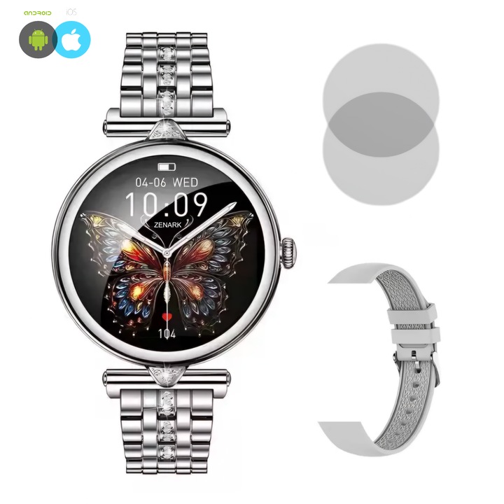 Дамски SmartWatch ZENARK® WatchFit Z7 PRO, включени 2 гривни, включени 2 протектора за екран, AMOLED 1.28 инча, 466x466 Ultra HD 4K, Известия/Обаждания/Sms/Социални медии, Сън, Сърдечен ритъм, Кръвно налягане, Водоустойчив IP67, Bluetooth 5.3, Сребрист