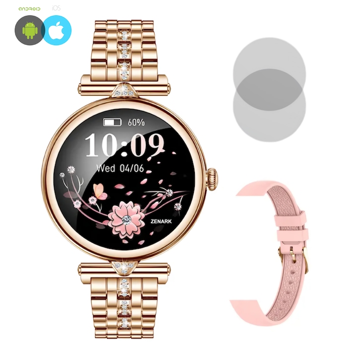 Дамски SmartWatch ZENARK® WatchFit Z7 PRO, включени 2 гривни, включени 2 протектора за екран, AMOLED 1,28 инча, 466x466 Ultra HD 4K, Известия/Обаждания/Sms/Социални медии, Сън, Сърдечен ритъм, Кръвно налягане, Водоустойчив IP67, Bluetooth 5.3, Златист