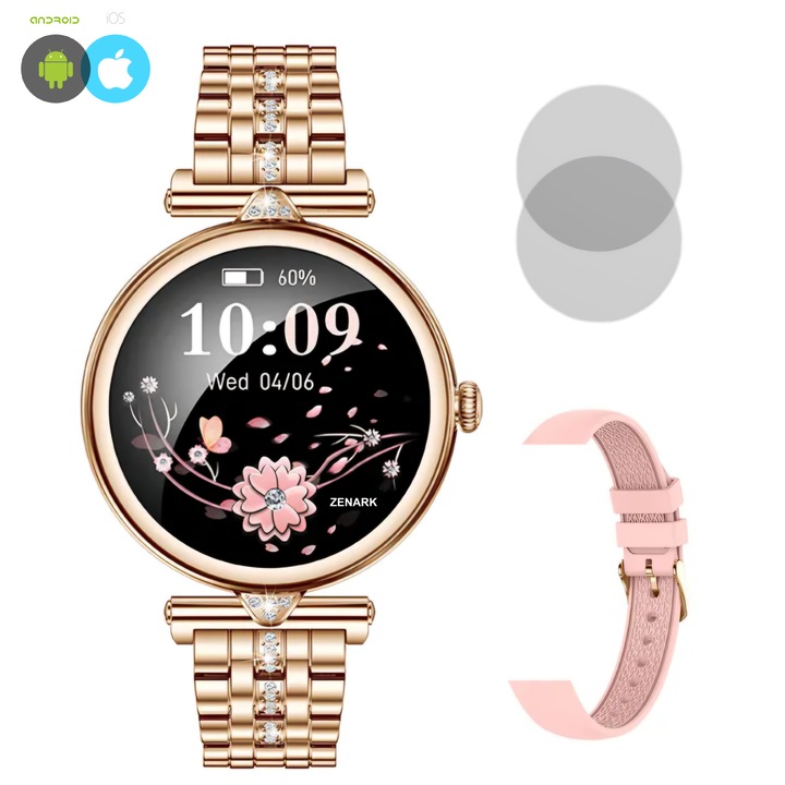 Női okosóra ZENARK WatchFit Z7 PRO, 2 szíj, 2 képernyővédő fólia, AMOLED 1,28", 466x466 Ultra HD 4K, Értesítések/Hívások/Sms/Közösségi média, Alvás, Pulzusszám, Vérnyomás, Vízálló 5 IP67, Bluetooth, Arany