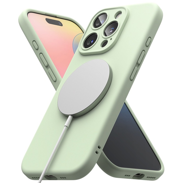 Калъф с микрофибър за Apple iPhone 16 Pro, ултра тънък, безжично зареждане, мек материал, подплата от влакна, минималистичен дизайн, защита срещу падане, гладък, силикон, Mint Green