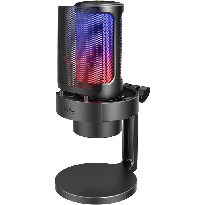 Кондензаторен микрофон FIFINE A8, кардиоиден, RGB, игри, подкаст, USB Plug & Play, поп филтър, контрол на звука, черен