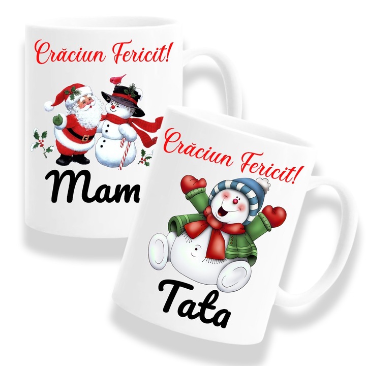 Set 2 Cani Personalizate Craciun cu mesaj:"Craciun fericit, mama si tata", Betaprint, 330ml, ceramica, alb