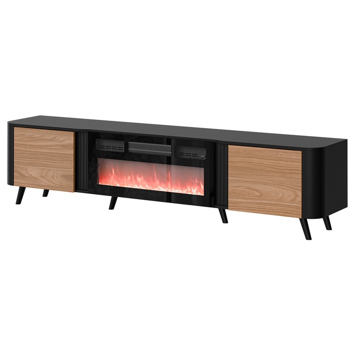 Comoda TV cu semineu Newort 200 EF, MIRJAN24, negru mat / nuc, 39x200x49 cm